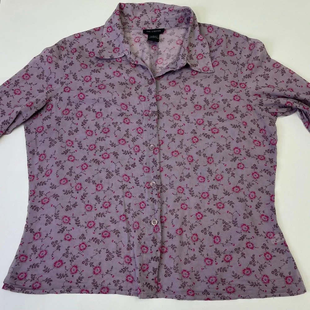 The Limited Purple Floral Cotton Button Down Shirt L Roll Tab Sleeve Hippie